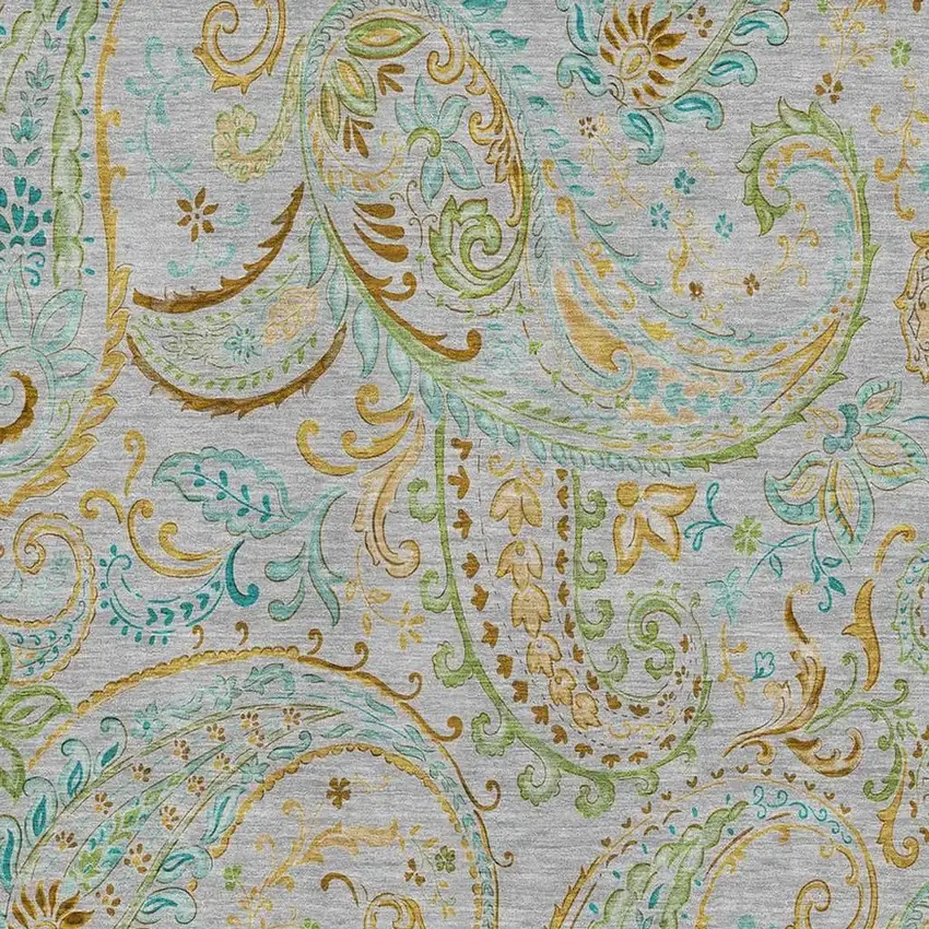 Gray Blue And Green Paisley Washable Area Rug With UV Protection Photo 3
