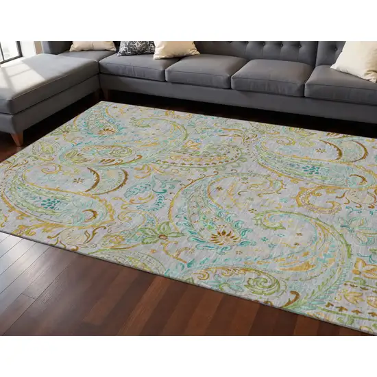 Gray Blue And Green Paisley Washable Area Rug With UV Protection Photo 2