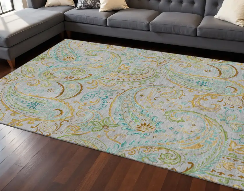 Gray Blue And Green Paisley Washable Area Rug With UV Protection Photo 2