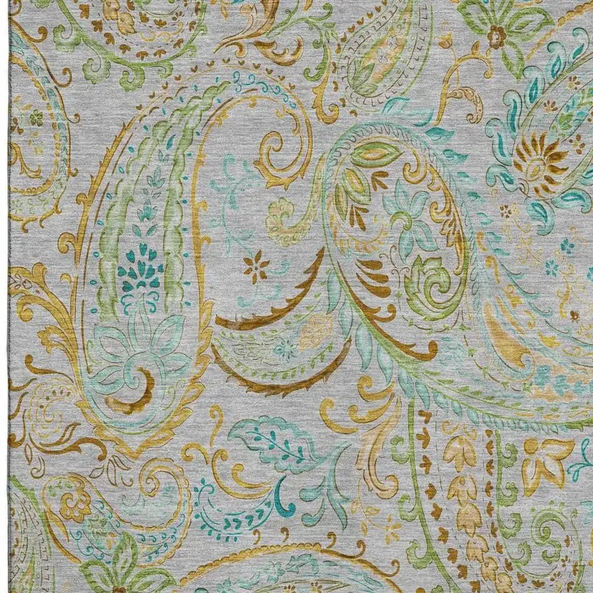 Gray Blue And Green Paisley Washable Area Rug With UV Protection Photo 3