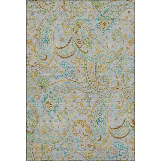 Gray Blue And Green Paisley Washable Area Rug With UV Protection Photo 1
