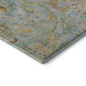 Photo of Gray Blue And Green Paisley Washable Area Rug With UV Protection