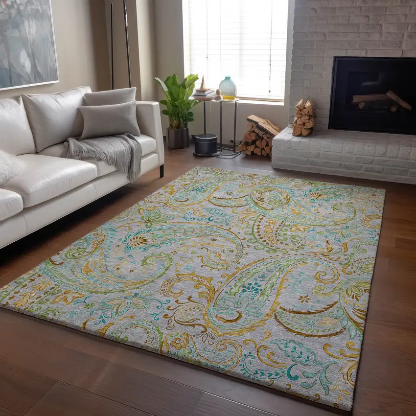 Gray Blue And Green Paisley Washable Area Rug With UV Protection Photo 6