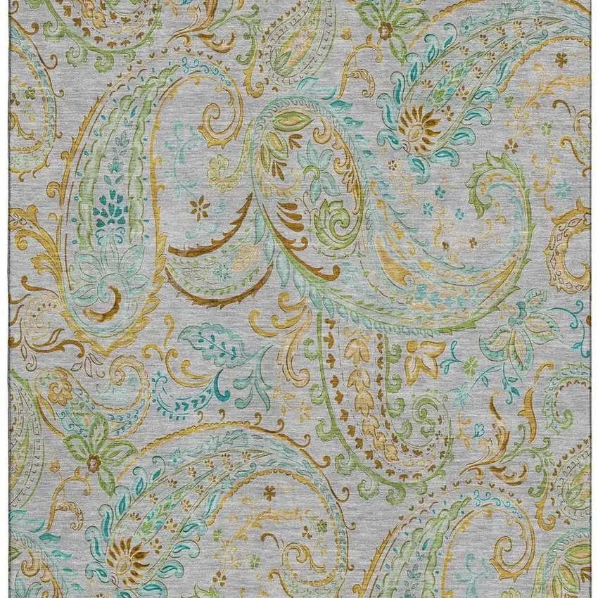 Gray Blue And Green Paisley Washable Area Rug With UV Protection Photo 4