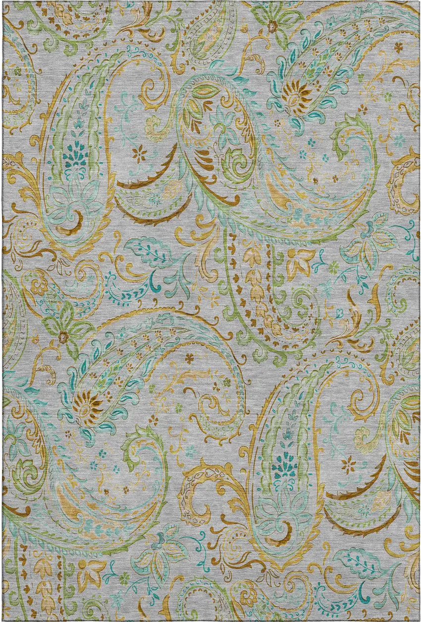 Gray Blue And Green Paisley Washable Area Rug With UV Protection Photo 1