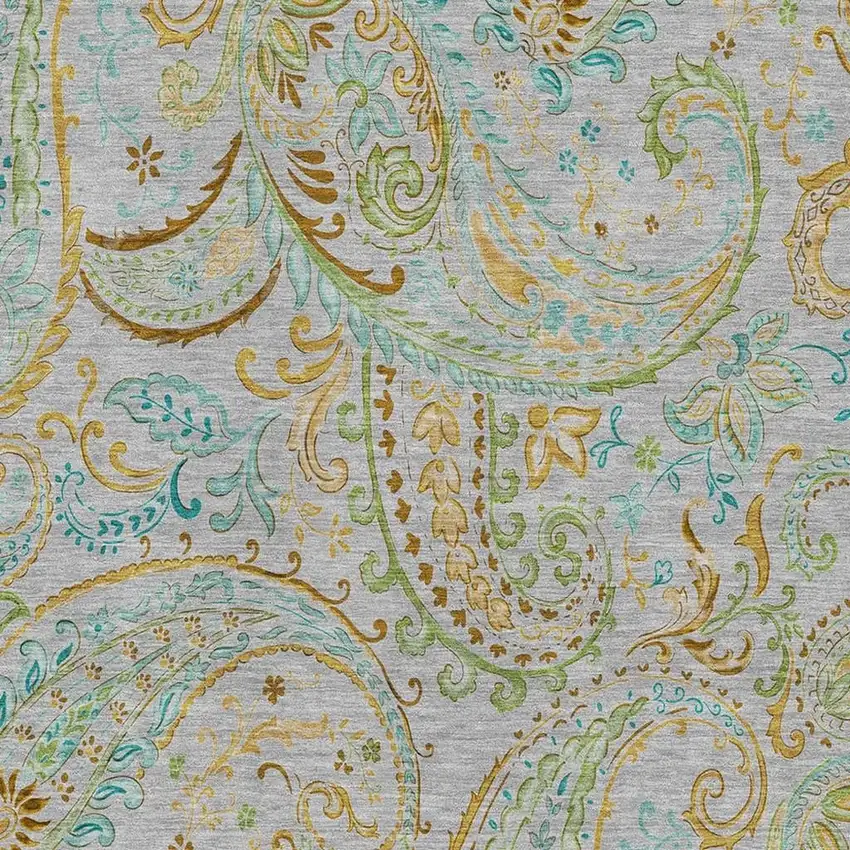 Gray Blue And Green Paisley Washable Area Rug With UV Protection Photo 3