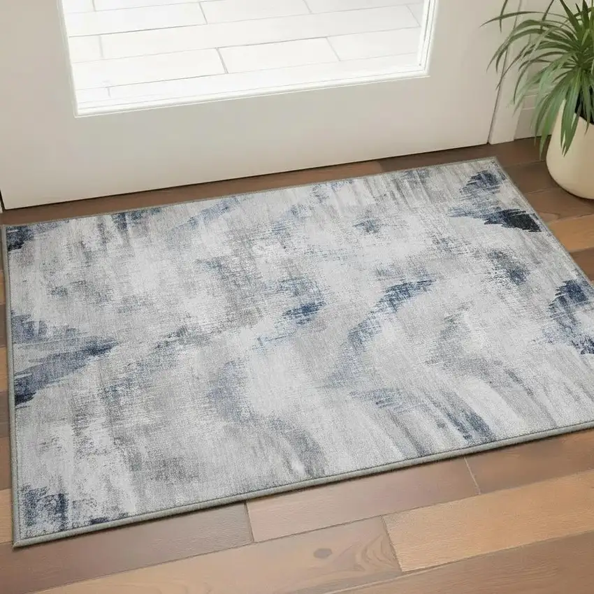 Gray Blue And Ivory Abstract Washable Area Rug With UV Protection Photo 2