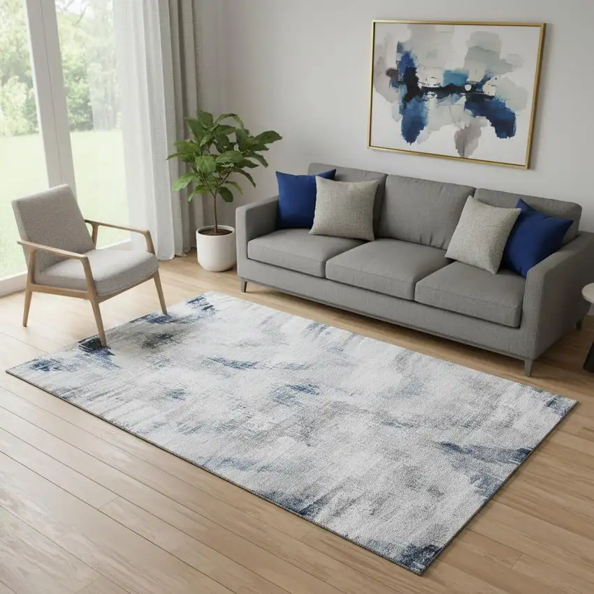 Gray Blue And Ivory Abstract Washable Area Rug With UV Protection Photo 1