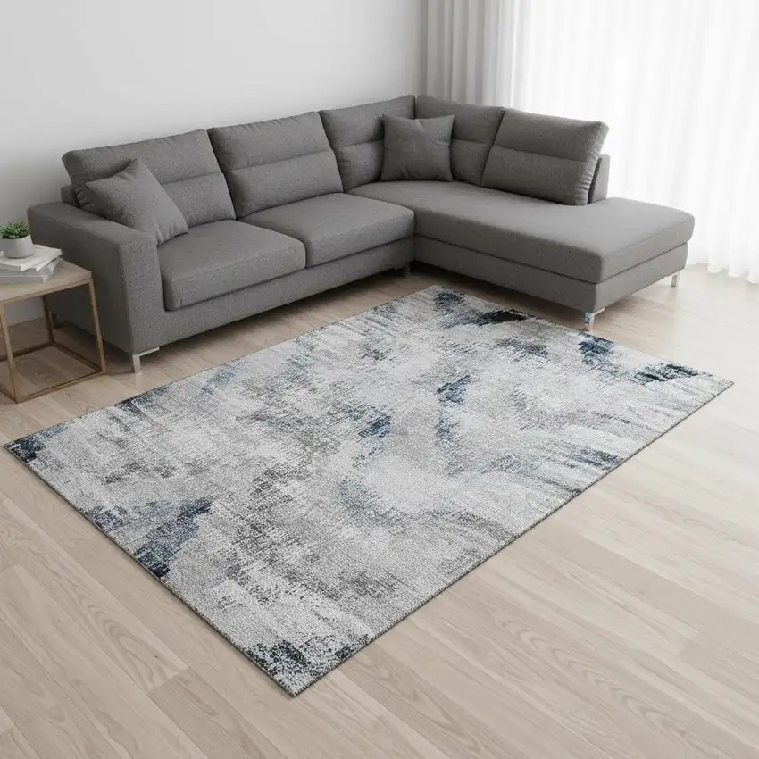 Gray Blue And Ivory Abstract Washable Area Rug With UV Protection Photo 2