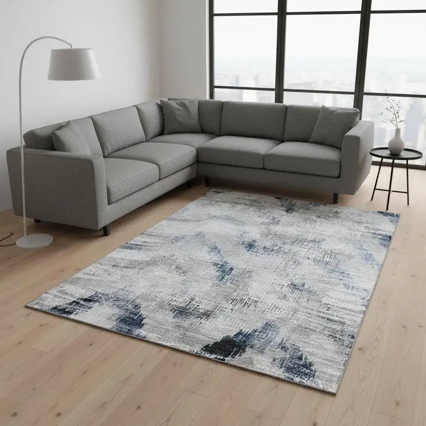 Gray Blue And Ivory Abstract Washable Area Rug With UV Protection Photo 2