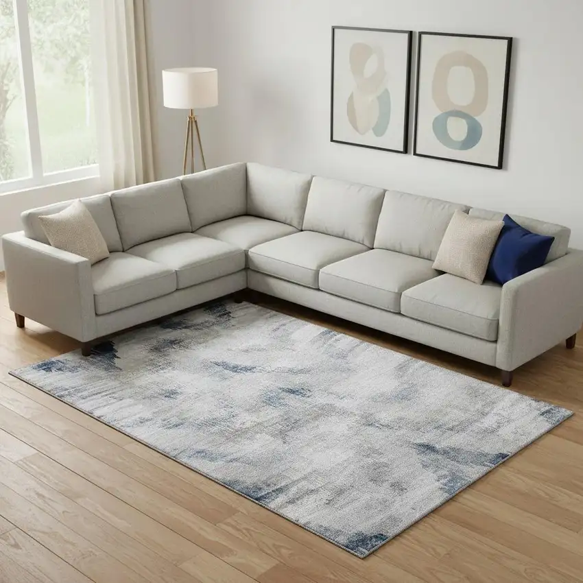 Gray Blue And Ivory Abstract Washable Area Rug With UV Protection Photo 1