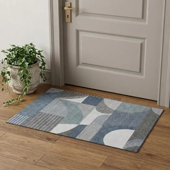 Gray Blue And Ivory Geometric Washable Area Rug With UV Protection Photo 1