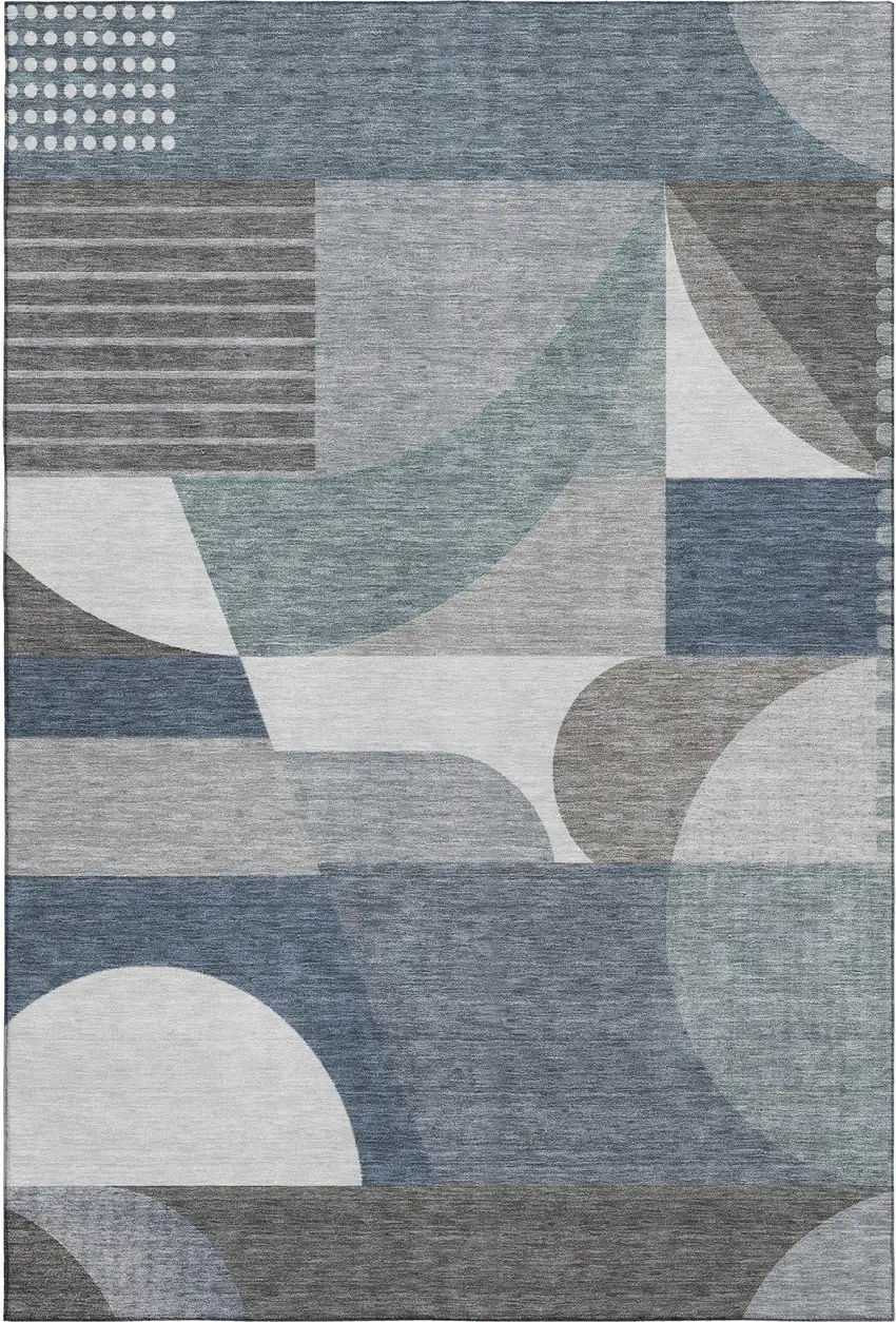 Gray Blue And Ivory Geometric Washable Area Rug With UV Protection Photo 1