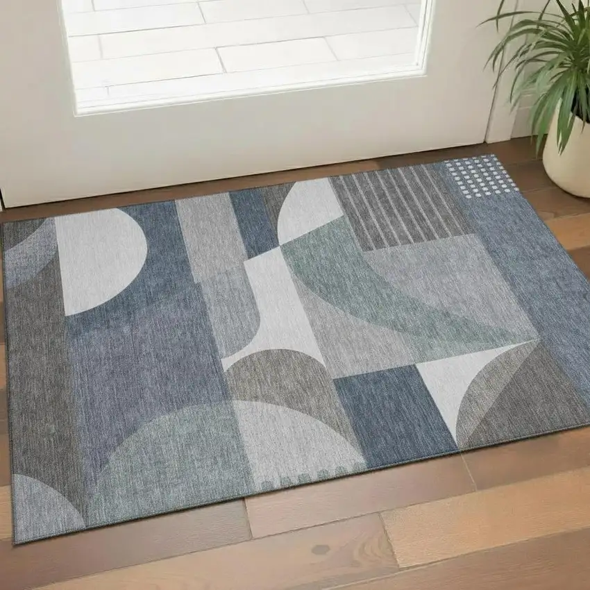 Gray Blue And Ivory Geometric Washable Area Rug With UV Protection Photo 2