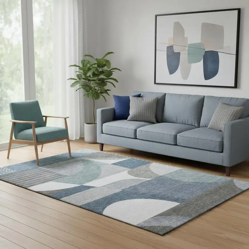 Gray Blue And Ivory Geometric Washable Area Rug With UV Protection Photo 2