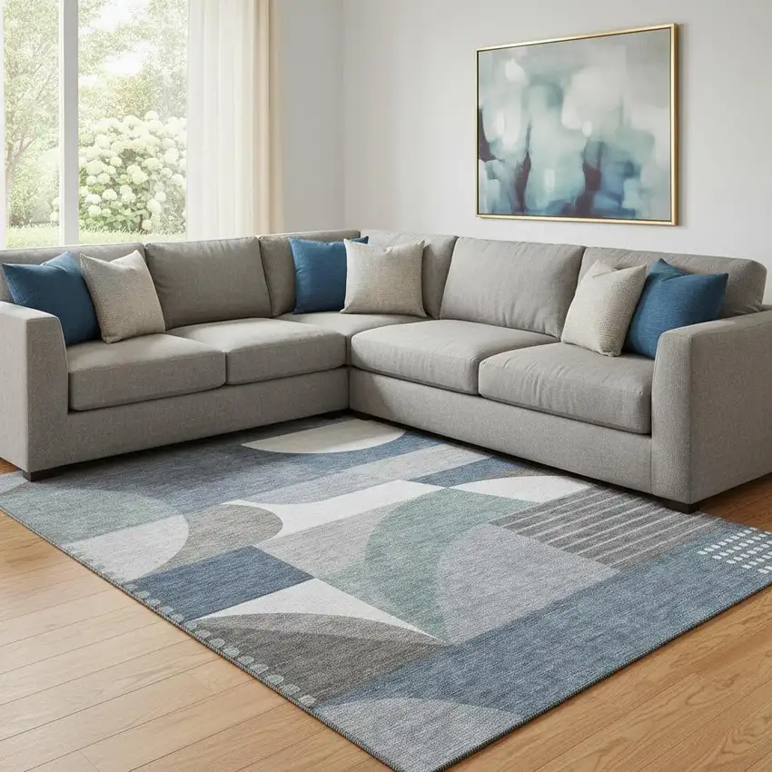 Gray Blue And Ivory Geometric Washable Area Rug With UV Protection Photo 2