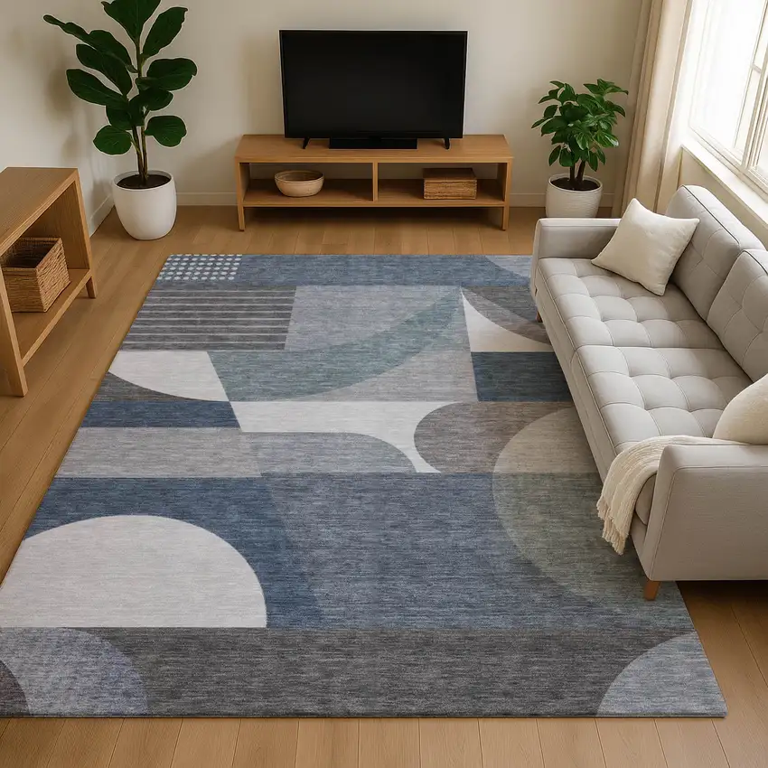 Gray Blue And Ivory Geometric Washable Area Rug With UV Protection Photo 4