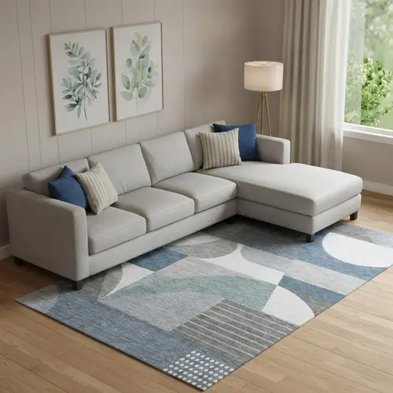 Gray Blue And Ivory Geometric Washable Area Rug With UV Protection Photo 2