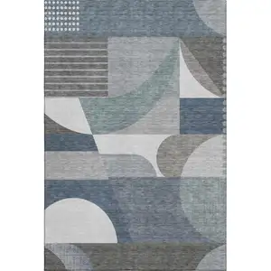 Photo of Gray Blue And Ivory Geometric Washable Area Rug With UV Protection