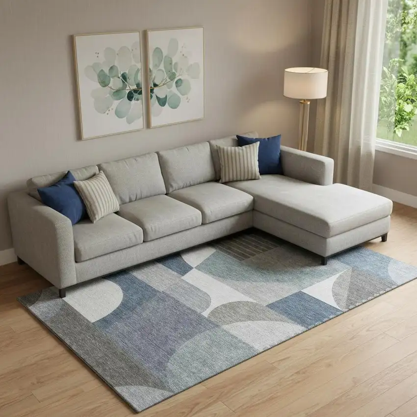 Gray Blue And Ivory Geometric Washable Area Rug With UV Protection Photo 2