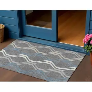 Photo of Gray Blue And Ivory Geometric Washable Indoor Outdoor Area Rug
