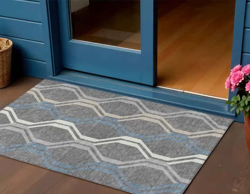 Gray Blue And Ivory Geometric Washable Indoor Outdoor Area Rug Photo 1