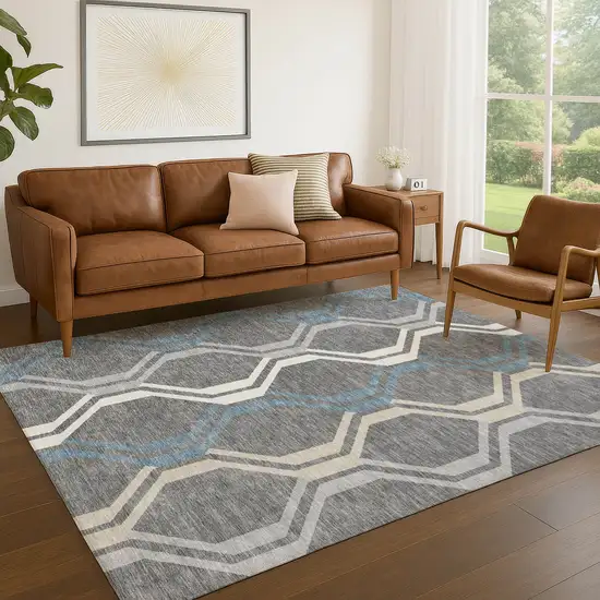 Gray Blue And Ivory Geometric Washable Indoor Outdoor Area Rug Photo 8