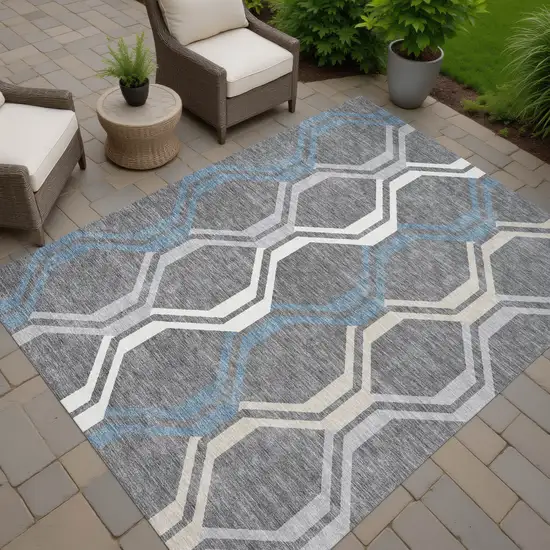 Gray Blue And Ivory Geometric Washable Indoor Outdoor Area Rug Photo 7