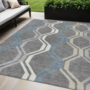 Photo of Gray Blue And Ivory Geometric Washable Indoor Outdoor Area Rug