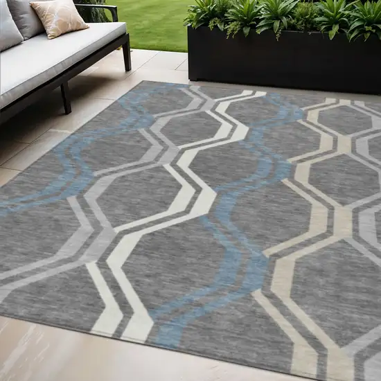Gray Blue And Ivory Geometric Washable Indoor Outdoor Area Rug Photo 1