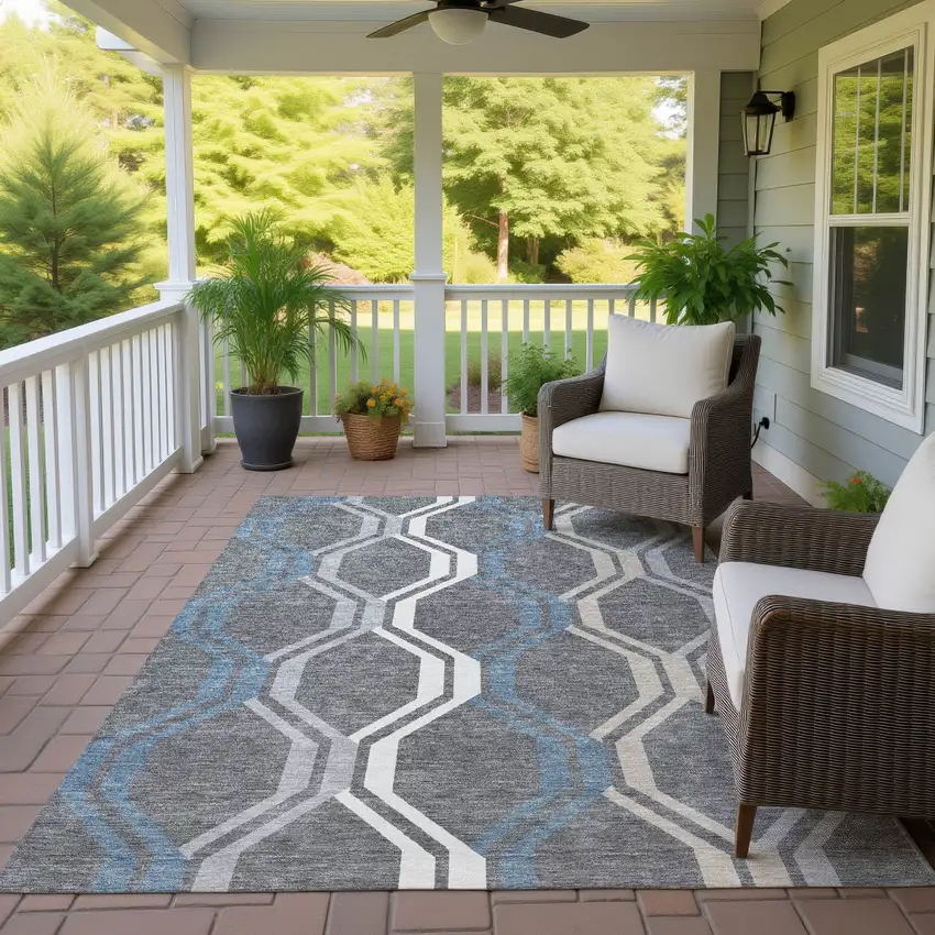 Gray Blue And Ivory Geometric Washable Indoor Outdoor Area Rug Photo 9