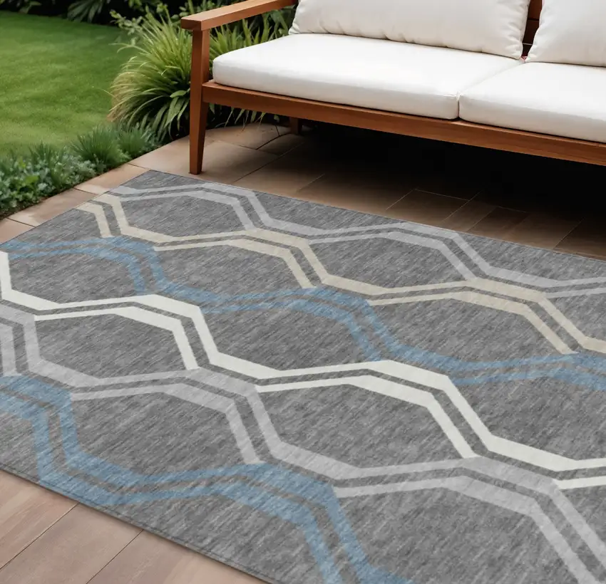 Gray Blue And Ivory Geometric Washable Indoor Outdoor Area Rug Photo 1