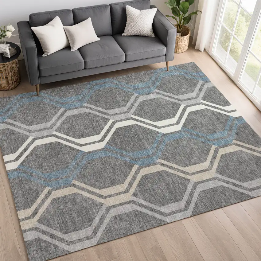 Gray Blue And Ivory Geometric Washable Indoor Outdoor Area Rug Photo 9