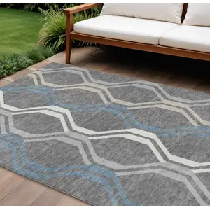 Photo of Gray Blue And Ivory Geometric Washable Indoor Outdoor Area Rug