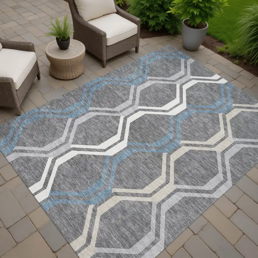 Gray Blue And Ivory Geometric Washable Indoor Outdoor Area Rug Photo 8
