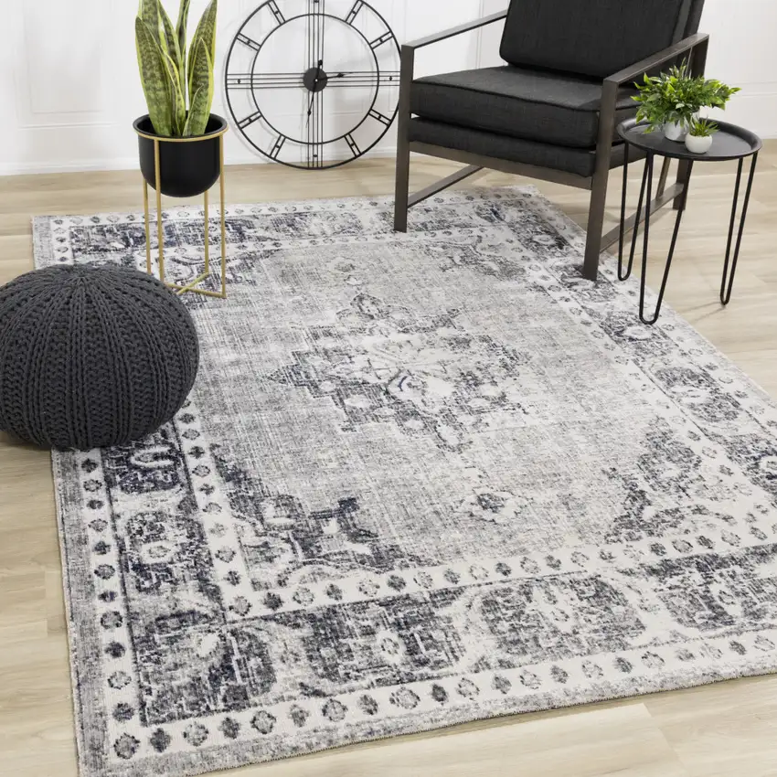 Gray Blue And Ivory Medallion Area Rug Photo 1