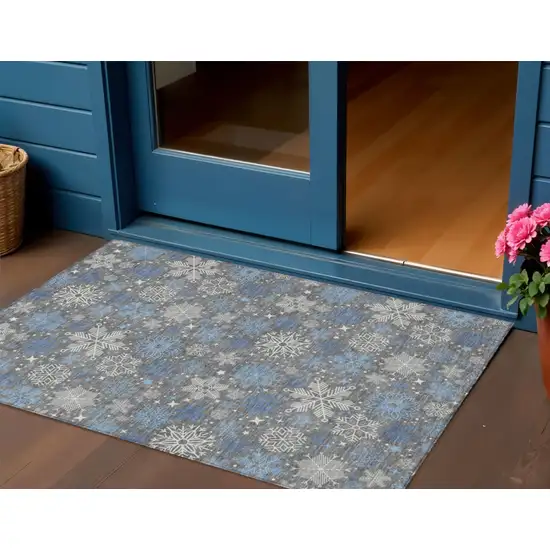 Gray Blue And Ivory Snowflake Washable Indoor Outdoor Area Rug Photo 1
