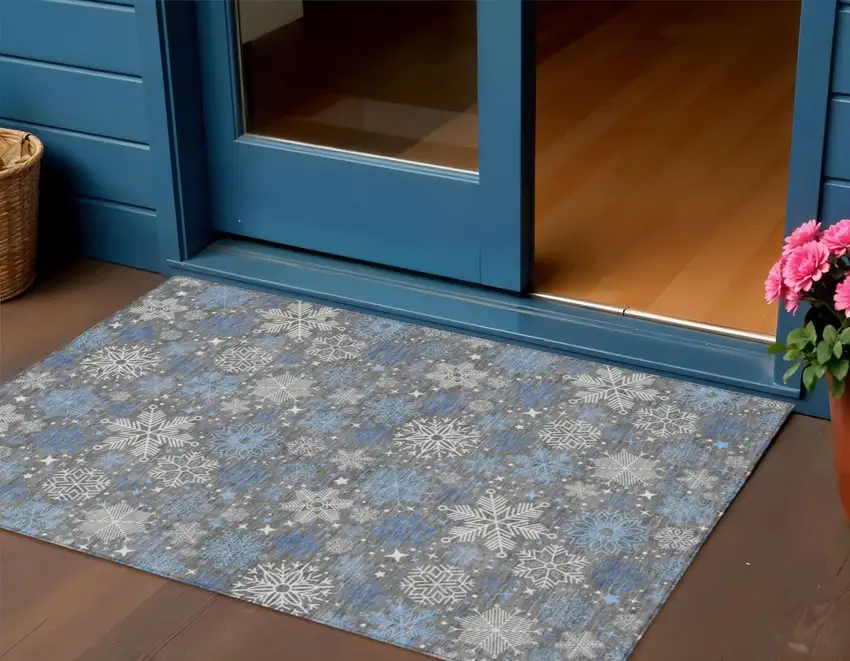 Gray Blue And Ivory Snowflake Washable Indoor Outdoor Area Rug Photo 1