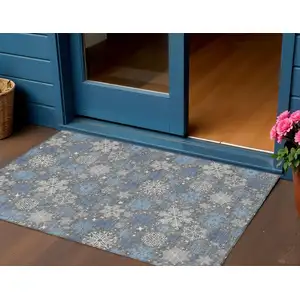 Photo of Gray Blue And Ivory Medallion Washable Indoor Outdoor Area Rug