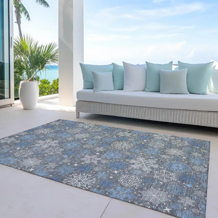 Gray Blue And Ivory Snowflake Washable Indoor Outdoor Area Rug Photo 5