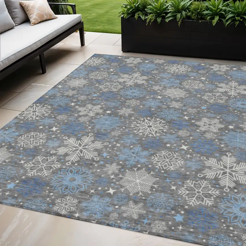 Gray Blue And Ivory Snowflake Washable Indoor Outdoor Area Rug Photo 1