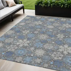Photo of Gray Blue And Ivory Medallion Washable Indoor Outdoor Area Rug