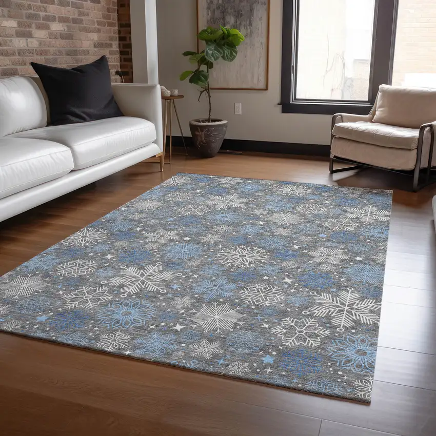 Gray Blue And Ivory Snowflake Washable Indoor Outdoor Area Rug Photo 6