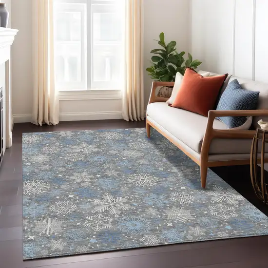 Gray Blue And Ivory Snowflake Washable Indoor Outdoor Area Rug Photo 6