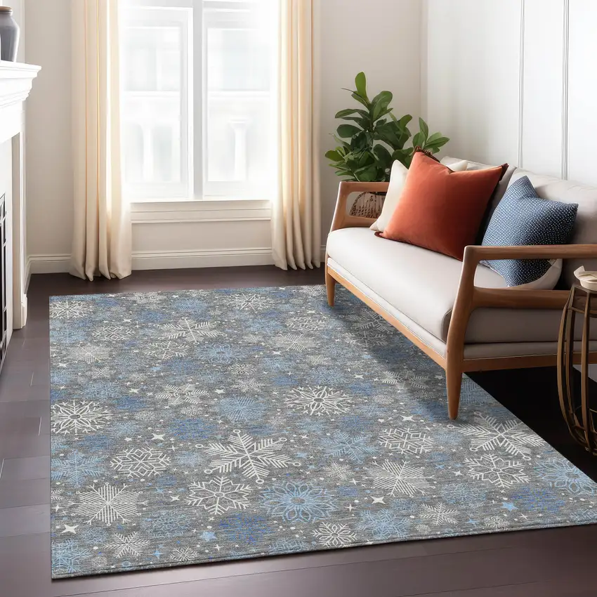 Gray Blue And Ivory Snowflake Washable Indoor Outdoor Area Rug Photo 7