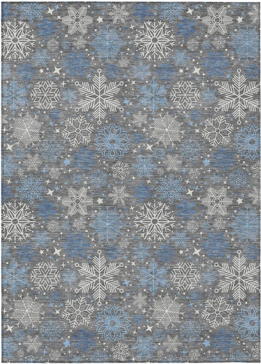 Gray Blue And Ivory Snowflake Washable Indoor Outdoor Area Rug Photo 9