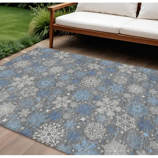 Gray Blue And Ivory Snowflake Washable Indoor Outdoor Area Rug Photo 1