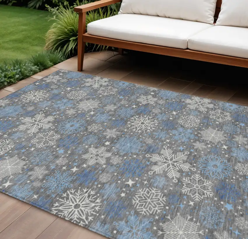 Gray Blue And Ivory Snowflake Washable Indoor Outdoor Area Rug Photo 1