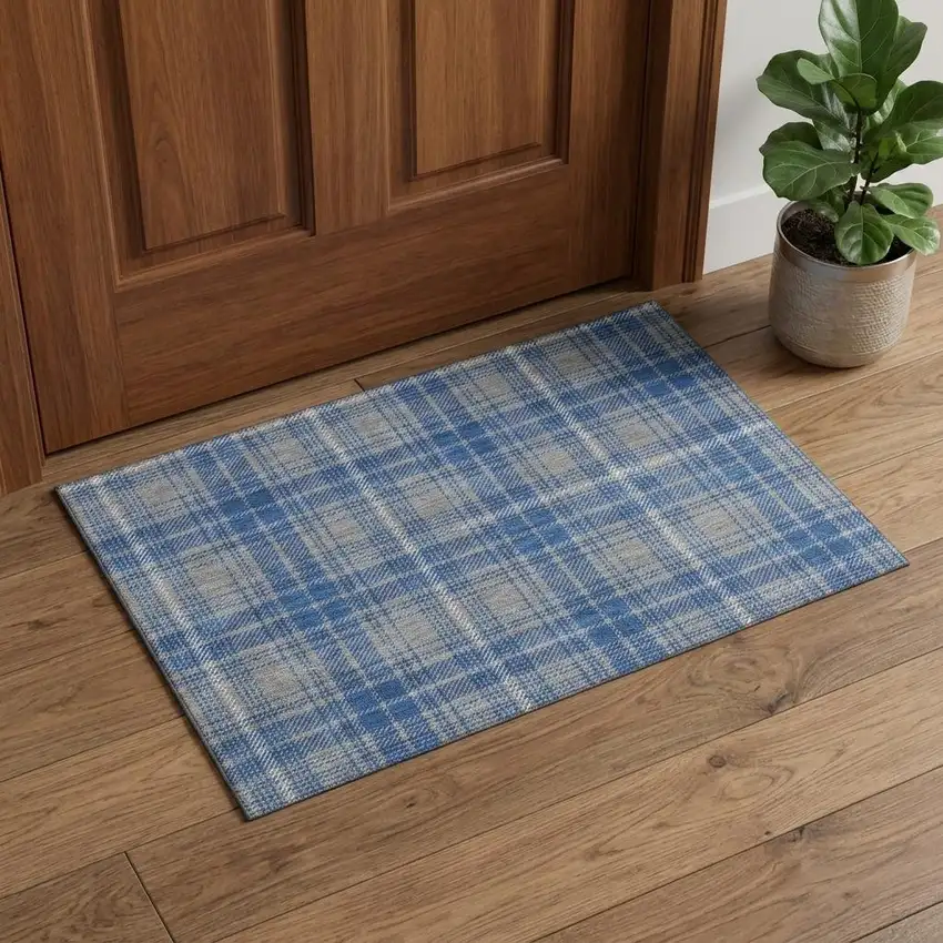Gray Blue And Ivory Plaid Washable Area Rug With UV Protection Photo 1