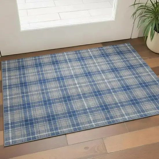 Gray Blue And Ivory Plaid Washable Area Rug With UV Protection Photo 2